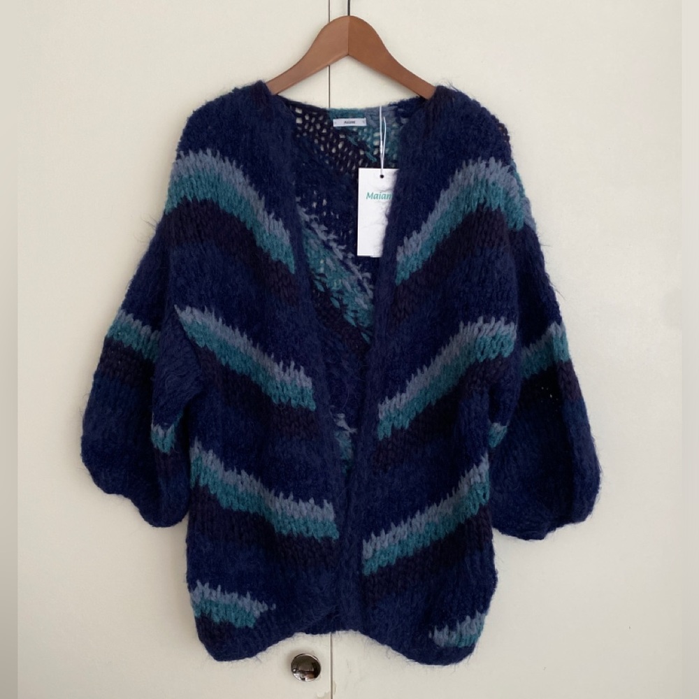 (S/M)Maiami Alpaca Big Cardigan Diagonal Stripes-Navy Stripes